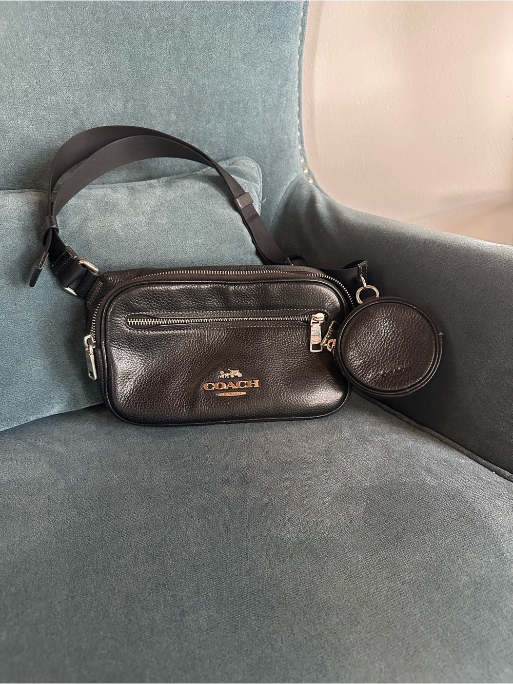 Coach Black Pebbled Leather Belt Bag with Round Coin Pouch